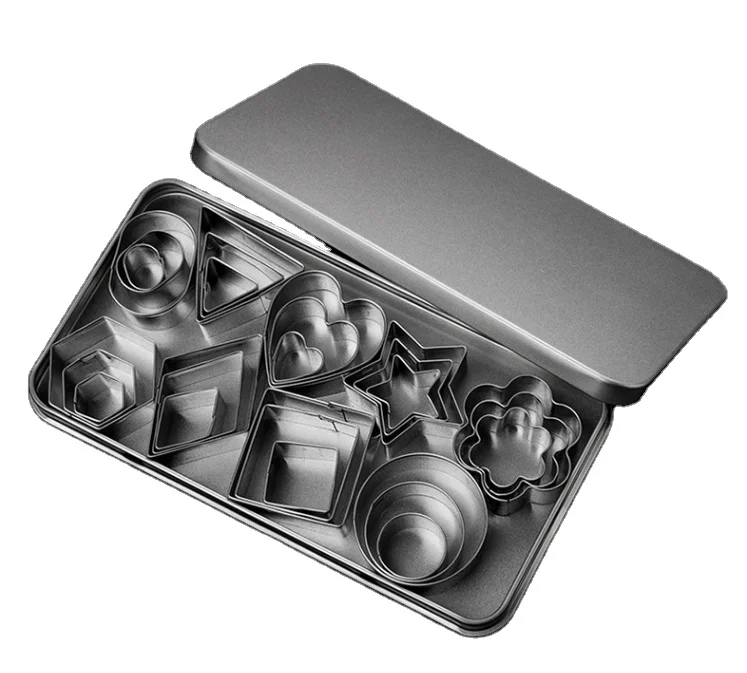 
27 pcs stainless steel round oval heart star diamond square flower triangle hexagon shape cookie cutter set with tin box packing 