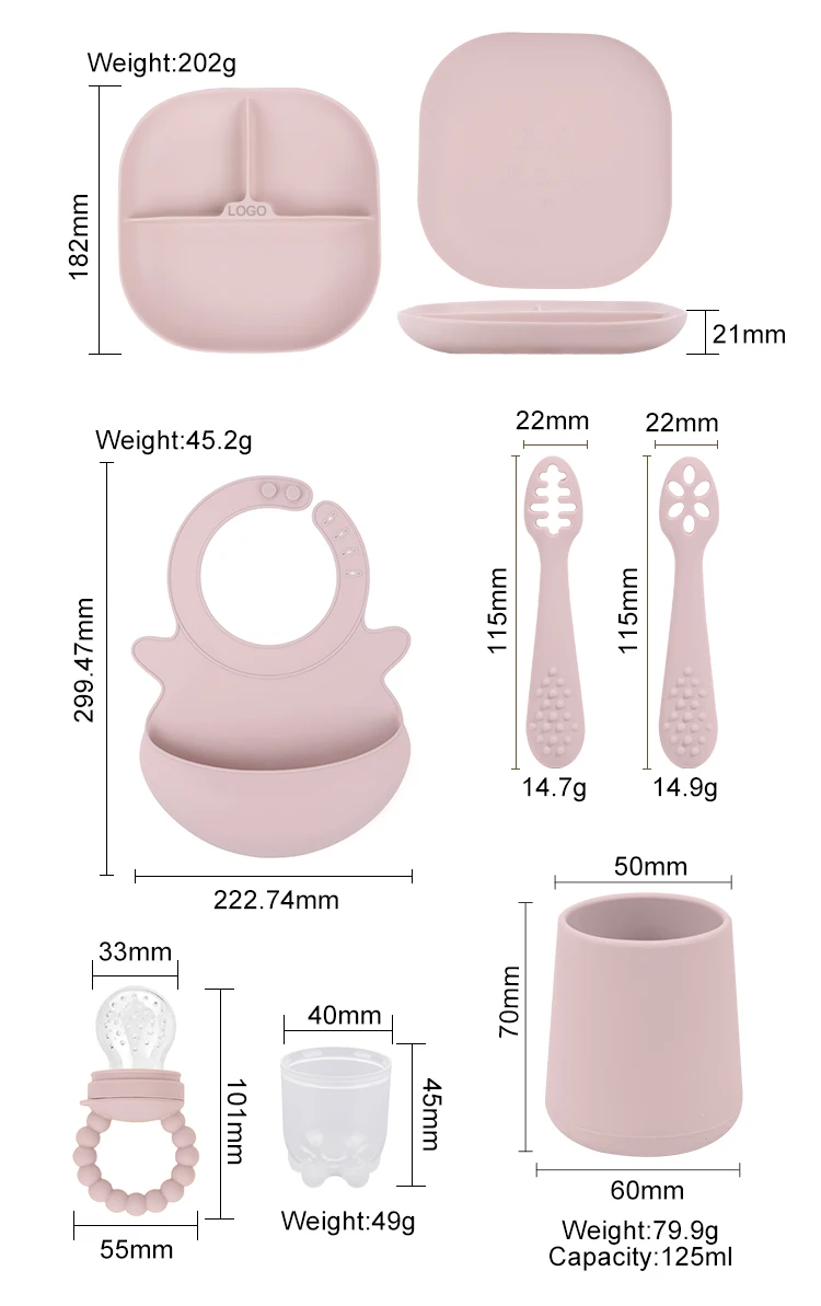Custom Bpa-free Silicone Tableware Baby Feeding Bib Plate Cup Training Spoon Silicon Fruit Pacifier Baby Wearning Feeding Set