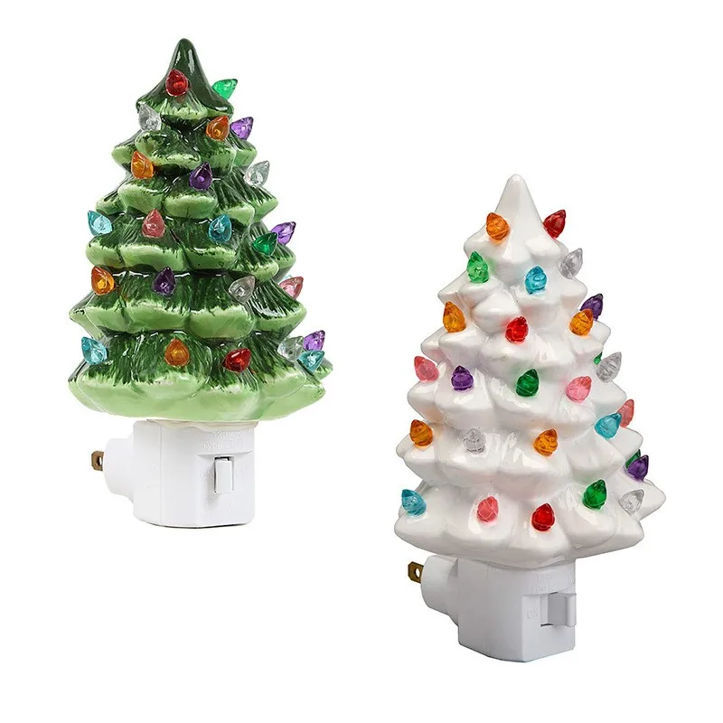 Green Ceramic Bubble Lamp Christmas Tree Night Light 360 Degree Swivel LED Wall Plug Nightlights with Wall Plug