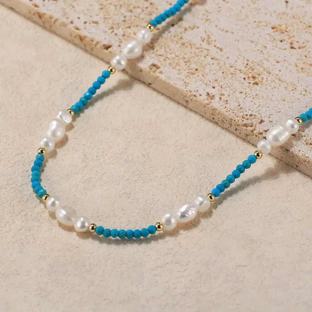 Elegant Vintage Natural Stone Freshwater Pearl Turquoise Necklace for Women