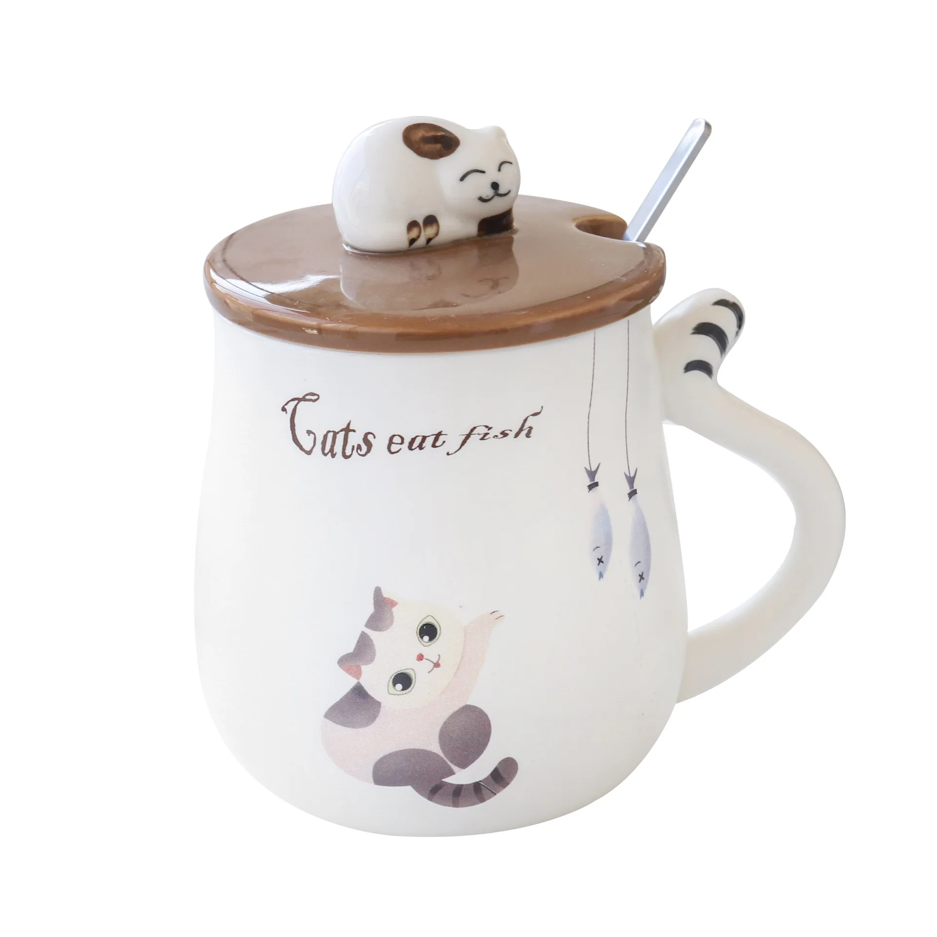 Cute Cartoon Cat Porcelain Lid Coffee Ceramic Mug