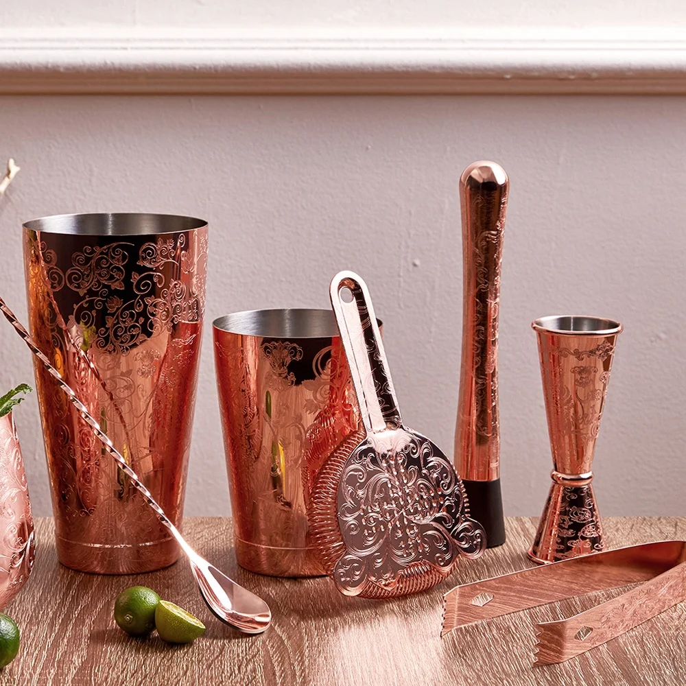 New Arrival Etching Bar Tools Copper Cocktail Shaker Set For Bartender