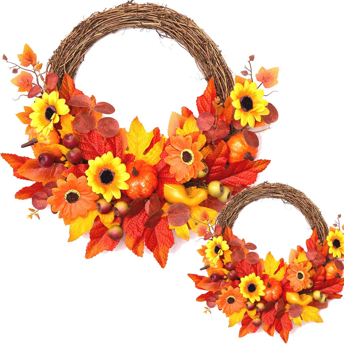 Hot Selling Autumn Thanksgiving Wreath Simulated Sunflower Pumpkin Berry Harvest Artificial Rattan Hanging Decoration
