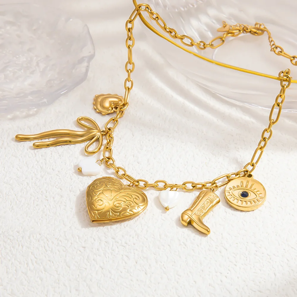 Vintage 14k Gold Plated Big Bow Knot  Pendant Necklace Stainless Steel No Fade Evil Eyes Hollow Heart Charms Pendant Necklace