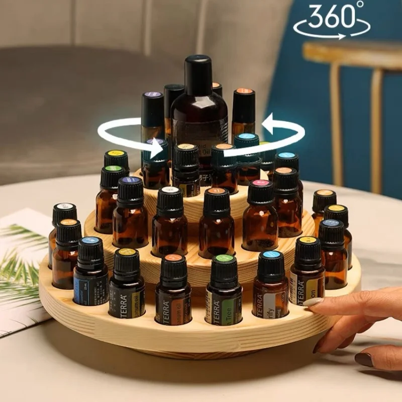 Bamboo Wood Essential Oil display stand 360-degree rotating solid wood lipstick sub-bottle desktop storage display plate