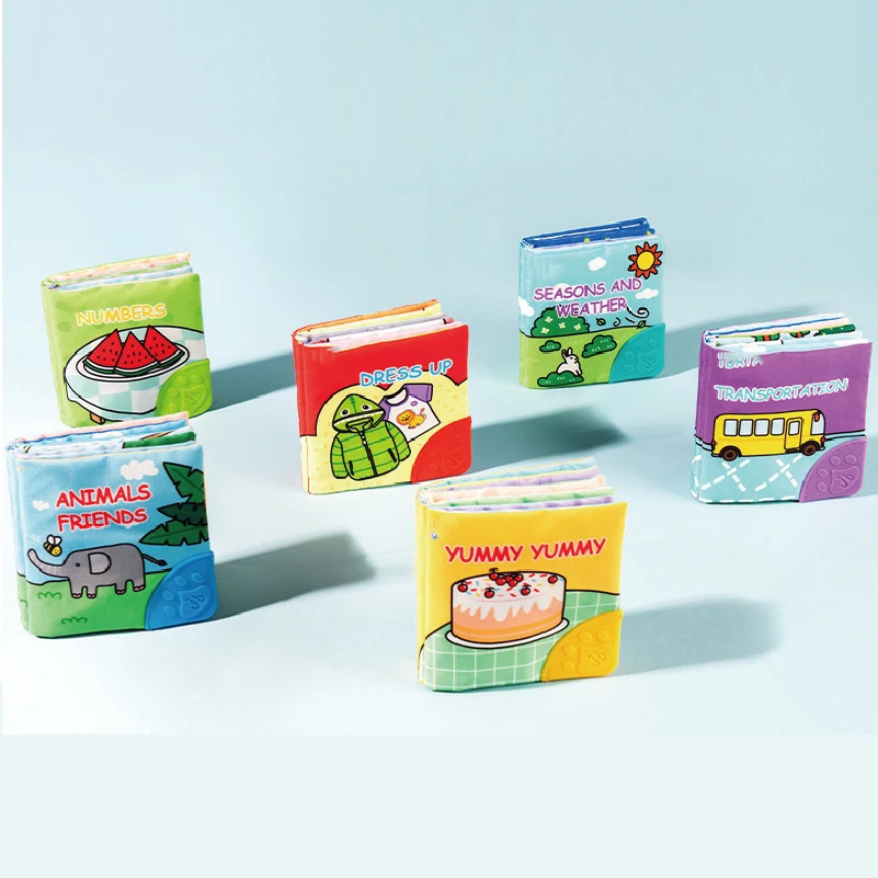 SEEJOYOU 6 in 1 Early Education Soft Fabric Book Baby Cloth Book Hollow Out Squeaker Toy Preschool Fun Cloth Book Set
