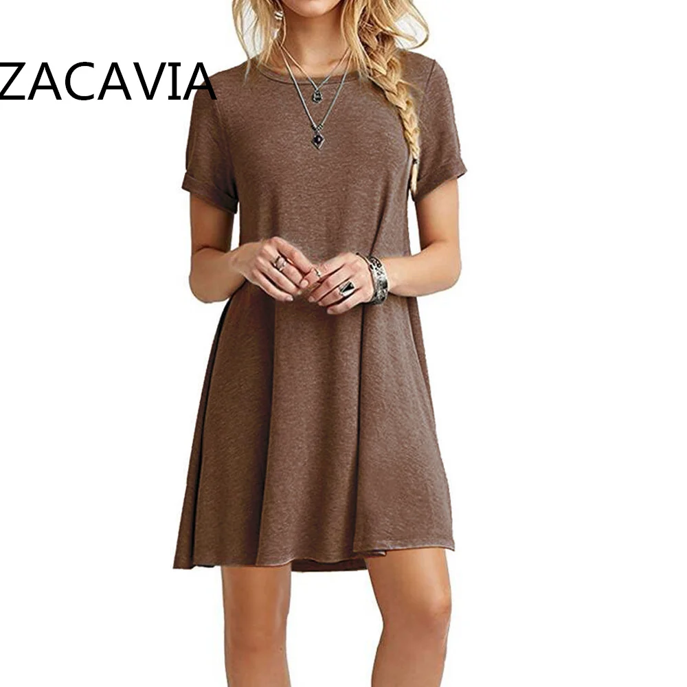 Zacavia 2021 летние женские туфли на шпильках, лидер продаж, платье свободное однотонное Повседневное платье для девочек, с коротким рукавом, с длинными рукавами, с круглым вырезом, женское платье
