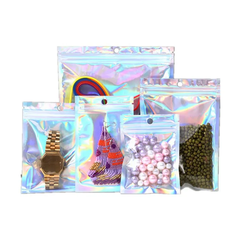 Wholesale translucent zip lock resealable cosmetic eyelashes storage bag pouch holographic laser food packaging hologram bags