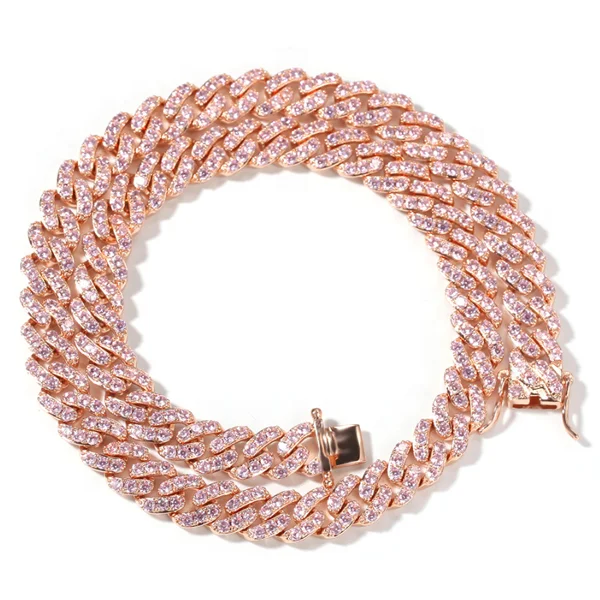 
Fashion 9mm Pink Cubic Cuban Link Chain Rose Gold Plated CZ Women Jewelry Necklace 