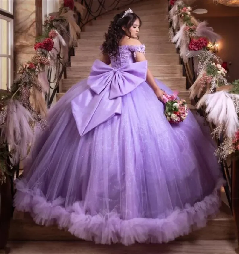 Off Shoulders Sweet 15 Ball Gown Vestidos De Corset Big Bow Vestidos De 15 Cinderalle Lilac Quinceanera Dresses MQ713