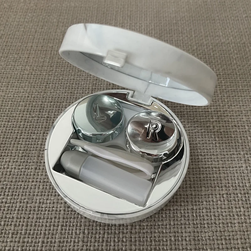 Round Fashion Marble Contact Lens Case, Portable Contact Lens Box Kit with Mirror