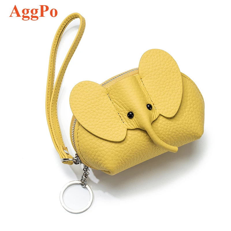 Creative Mini Wallet Genuine Leather Cartoon Cute Elephant Coin Purse Solid Color Ladies Fashion Zipper Portable Lipstick Bag