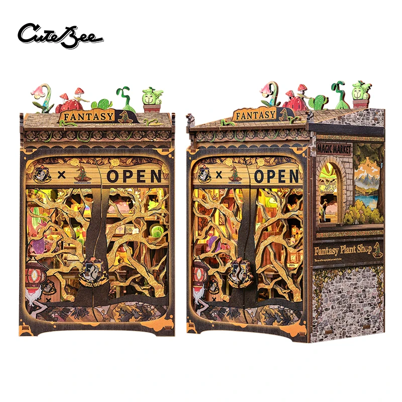 CuteBee Halloween Elf 3D Wooden Puzzle Fantay Plant Shop Miniature Dollhouse Book Nook Wooden Puzzles for Adults Miniature Toys