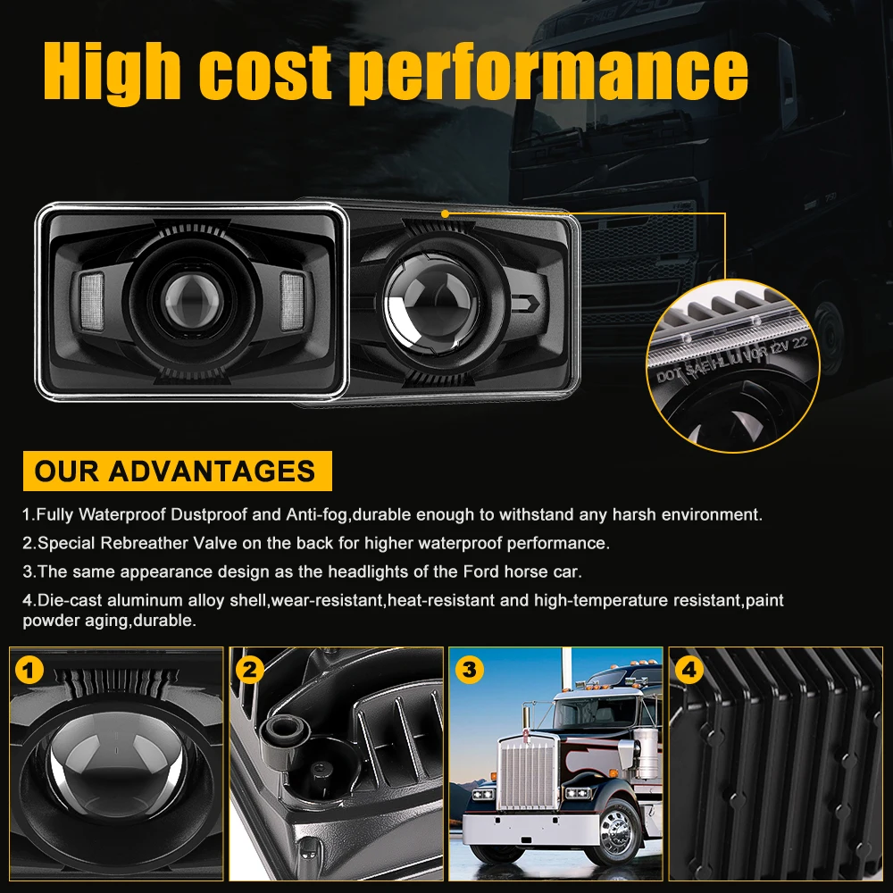 4x6 inch Truck Headlights 45W For Kenworth For Truck Peterbilt 379 with High Low Beam