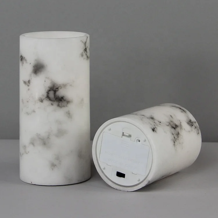 Christmas wax white electric battery operated pillar marble flameless LED candle for wedding decoration