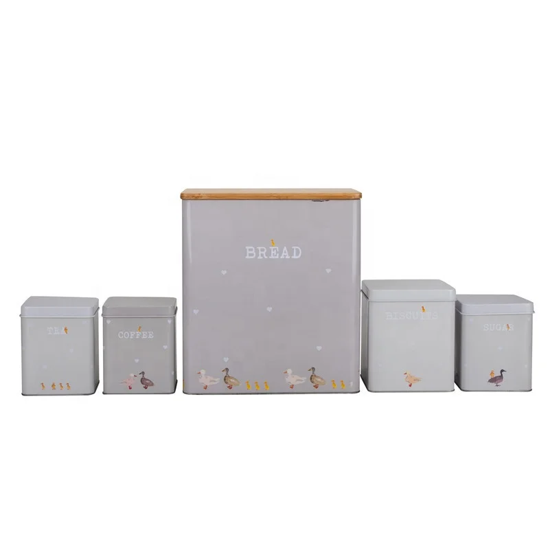 Large Metal Bamboo Lid Kitchen Storage Bread Bin Set Storage Bins with Handle