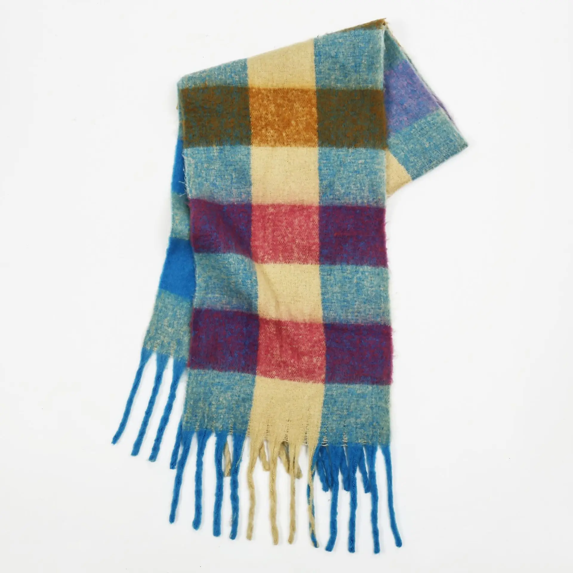 2024 Holiday Season Christmas Gift Scarves Cold Weather Windproof Short Fleece Mohair Yarn Knit Checked Plaid Woven Scarf Wrap