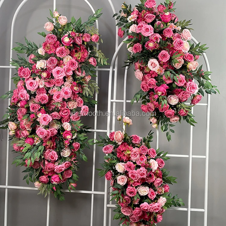 Hot Pink Artificial Flower Runner Wedding Supplies High Quality Rose Floral Panel Table Centerpiece Flower Runner