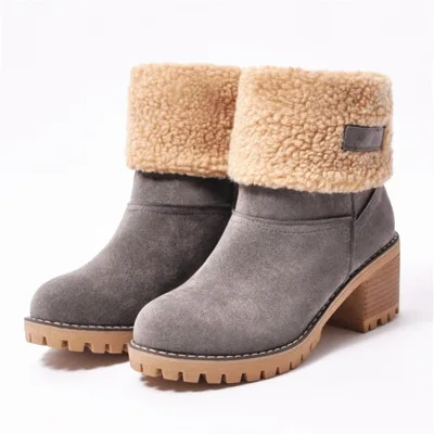 Women Plus Size Warm Square Chunky Heels Ankle Fur Lined Snow Boots