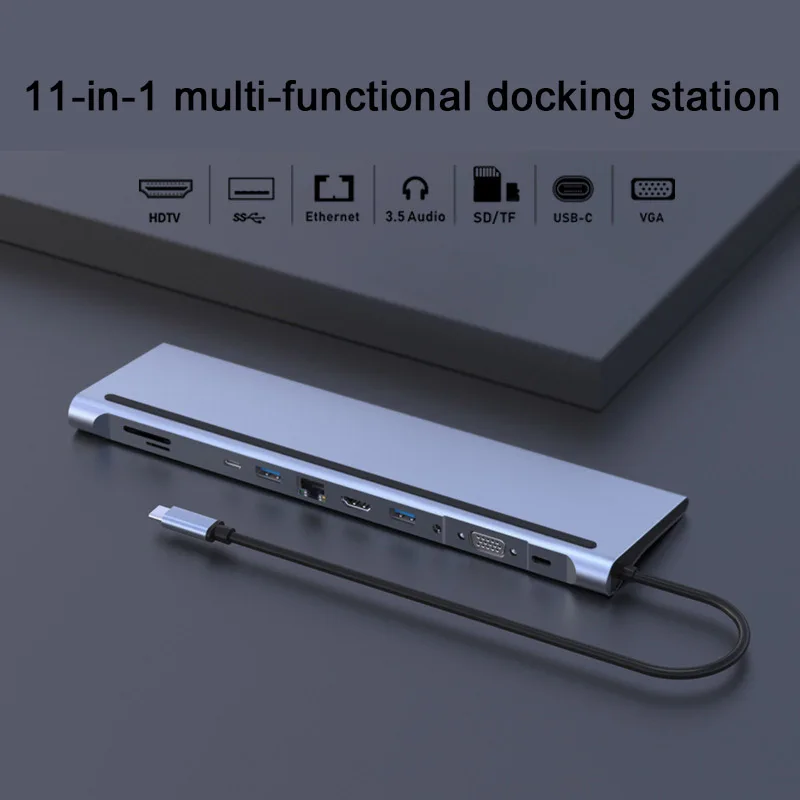 OEM ODM 11 in 1 usb c hub Aluminium alloy housing 11 in 1 type c hub docking station compatible type c usb hub tf sd card reader
