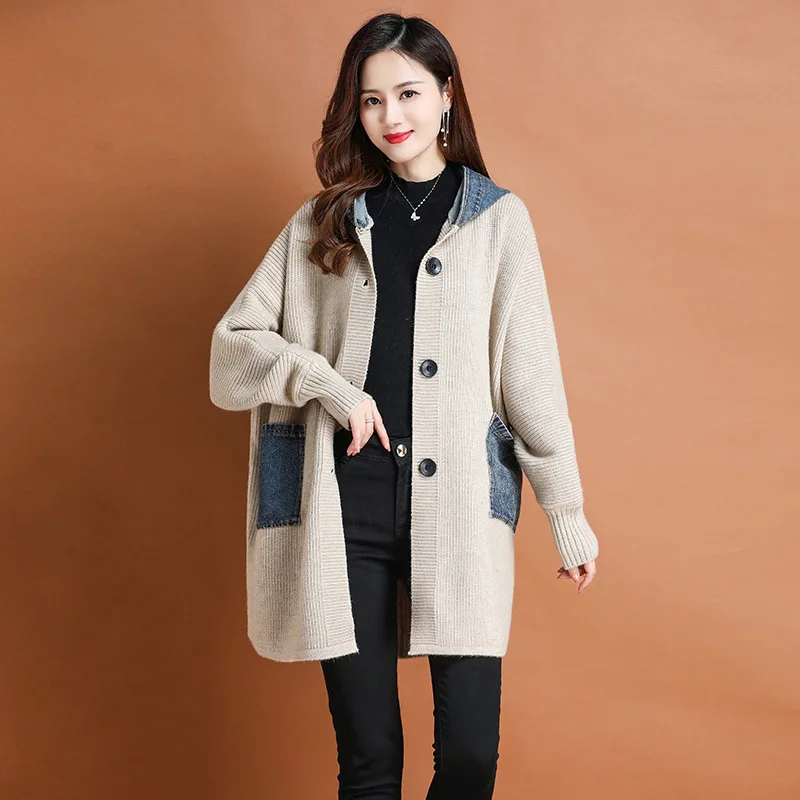 Autumn winter new arrival fashion lady batwing sleeve loose fit jacket patchwork plus size sweater hooded coat