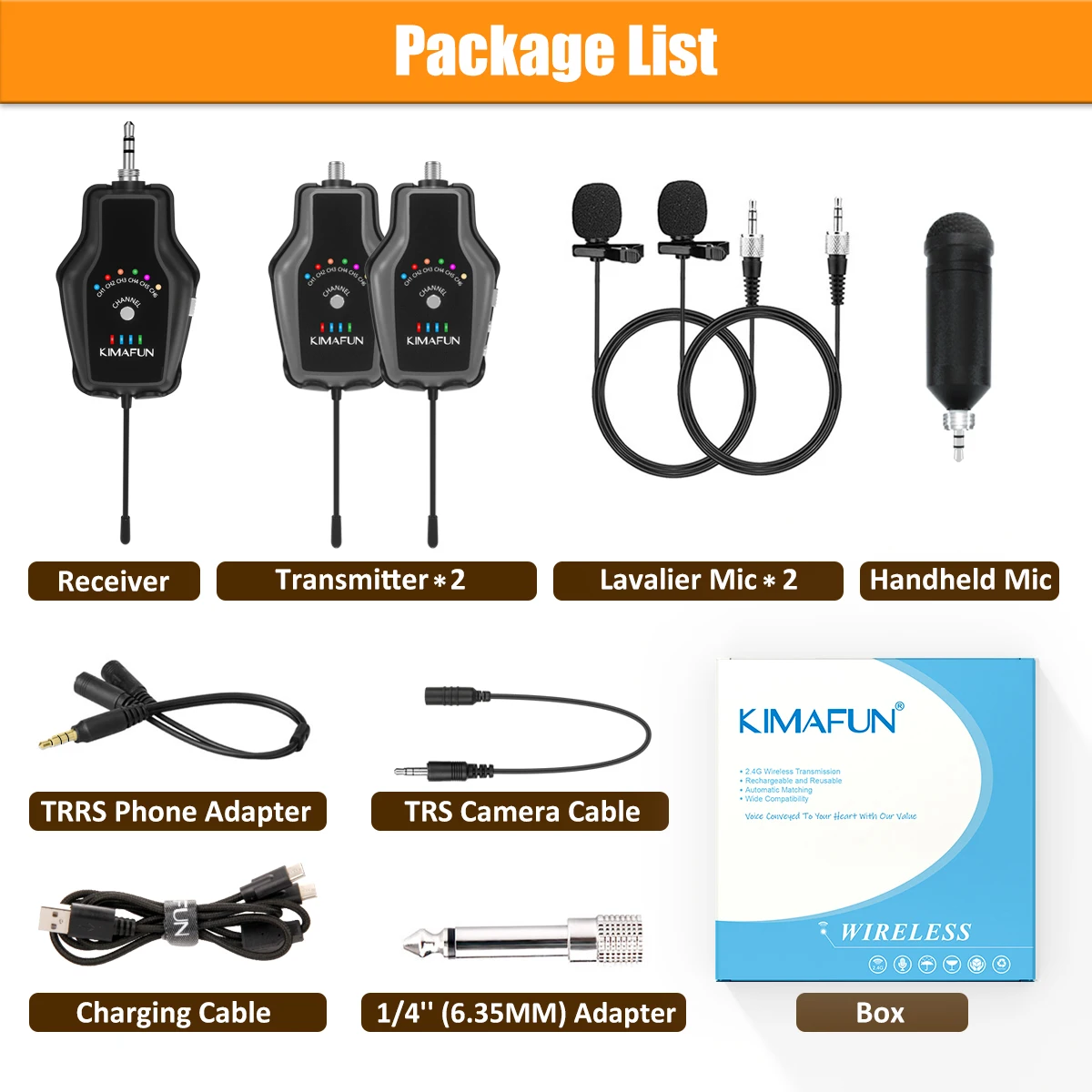 KIMAFUN KM-U307B-2 wireless dual microphone system with dual lavalier mic for live stream interview recording