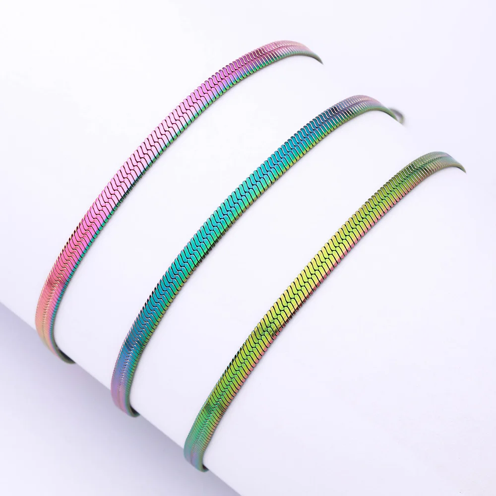 Hot Fashion Unisex Snake Chain Necklace Choker Stainless Steel Herringbone Gold Plated Colored Flat Snake Bone Chain Necklace
