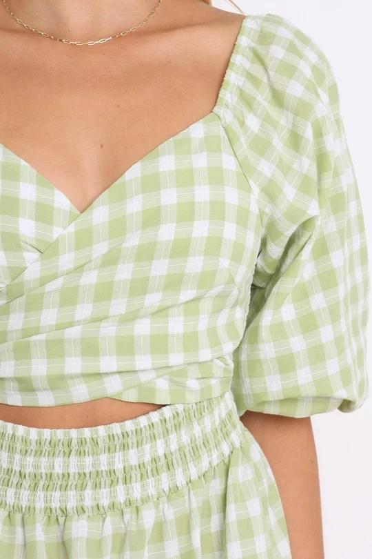 Summer Balloon Mid Sleeves Elastic Cuff Wrap V Neck Self Tie Cut Out Detail Shirred Waist Green Gingham Maxi Dress