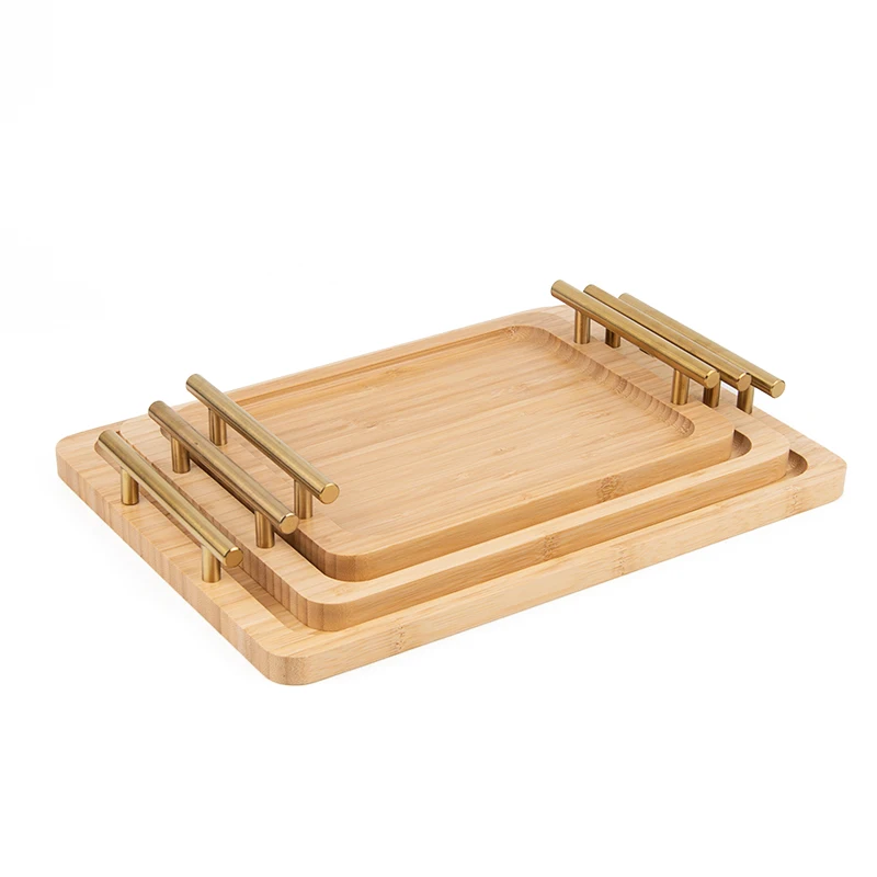 Современный бамбуковый поднос для сервировки Кофе Чай десерт завтрак деревянный сервировочный набор с металлической ручкой