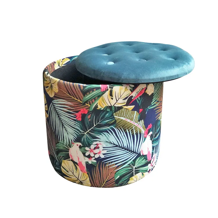 Laynsino Tropical style Upholstered Storage stool with LId Colorful Round Ottoman Stool