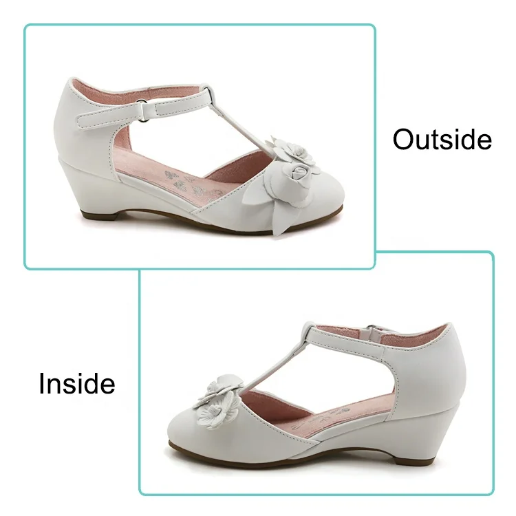 
easter shoe for girls wedge heel ankle strap white beautiful 3D flowers for girls shoes 