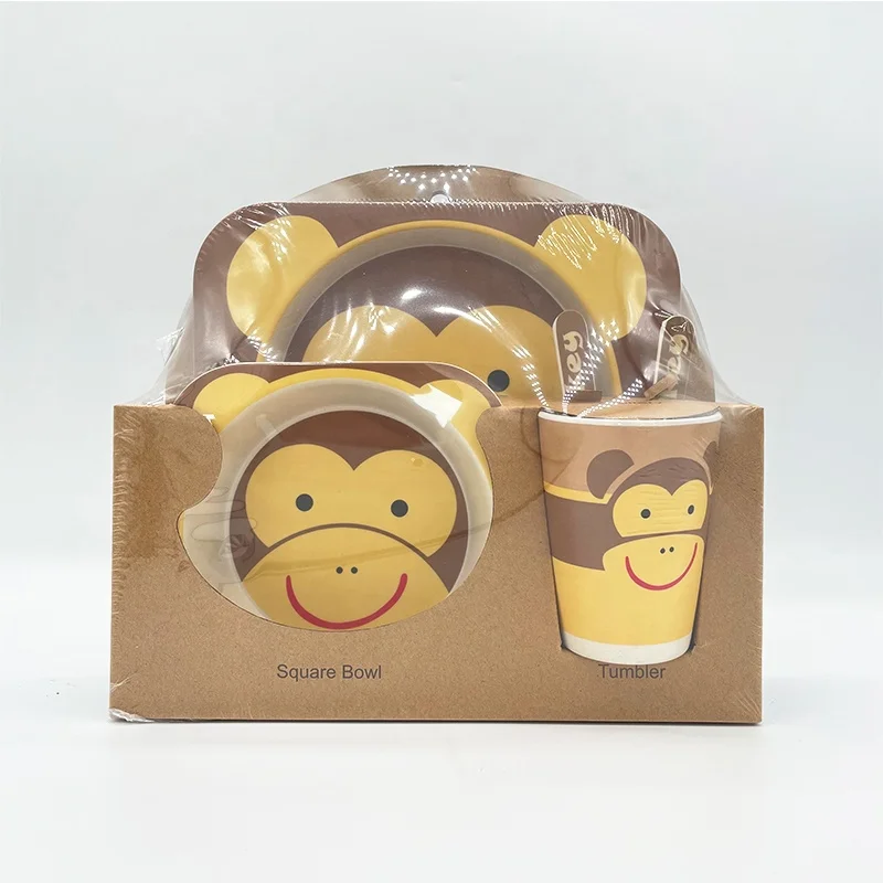 
 5PC Cartoon Animal Bamboo Fiber Kids Meal Children Dinnerware Tableware set with bowl cup plate spoon fork  