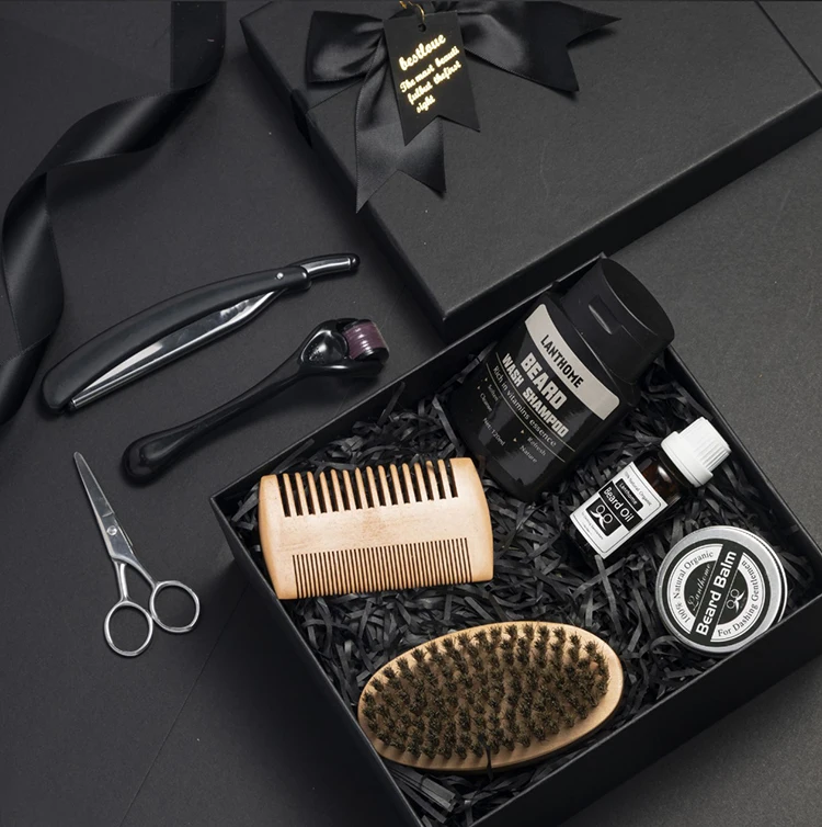 Лидер продаж, набор для ухода за бородой для мужчин, Подарочная коробка, набор для роста бороды с шампунем, щетка для бритья с гелем, натуральное масло для бороды