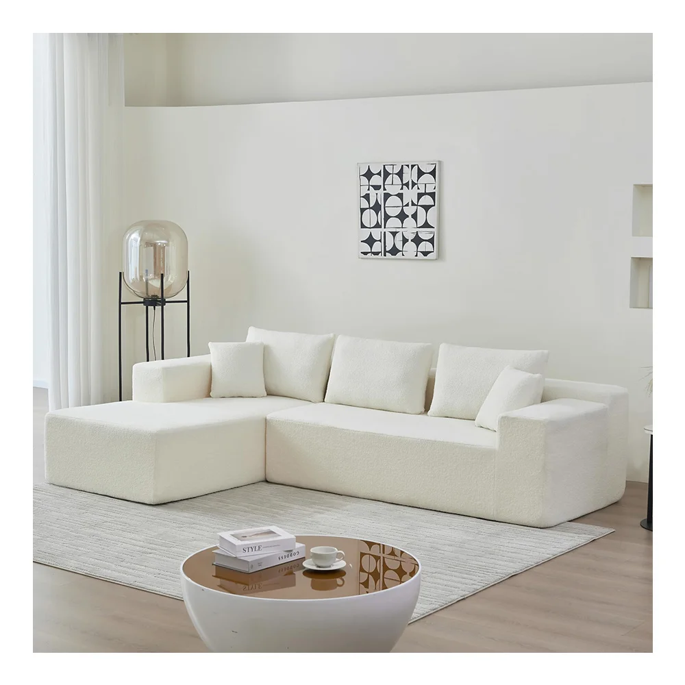 Living Room Modern Comfy Floor Sofas L-Shaped Cloud  Chenille Sectional Sofa  with Chaise & Back Pillows