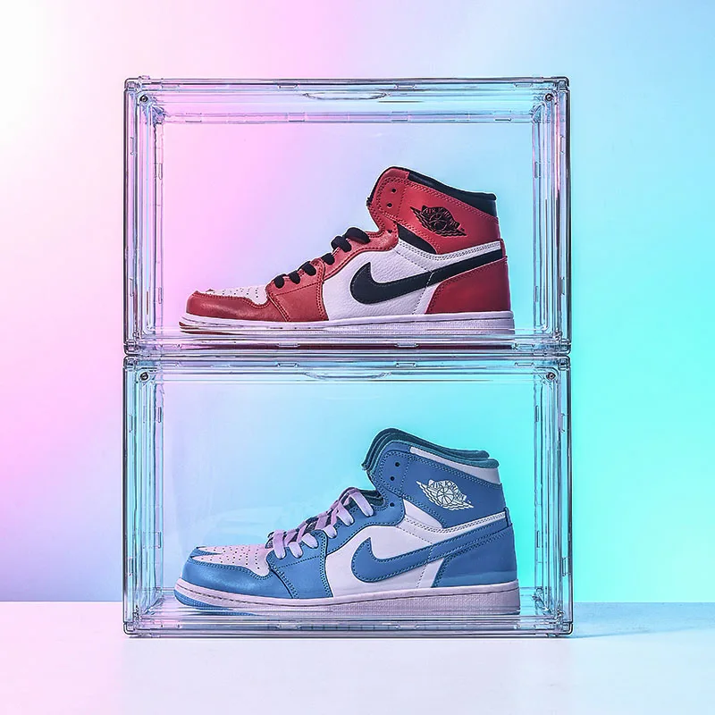 Pet plastic stackable shoe box case side drop large size shoe organizer box with magnetic door Space saving shoe holder