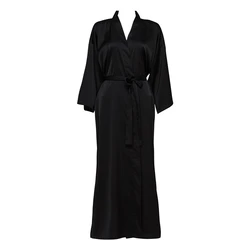 Long luxury ladies nightgown black bathrobe satin bridesmaid robe women plain kimono robe 6040