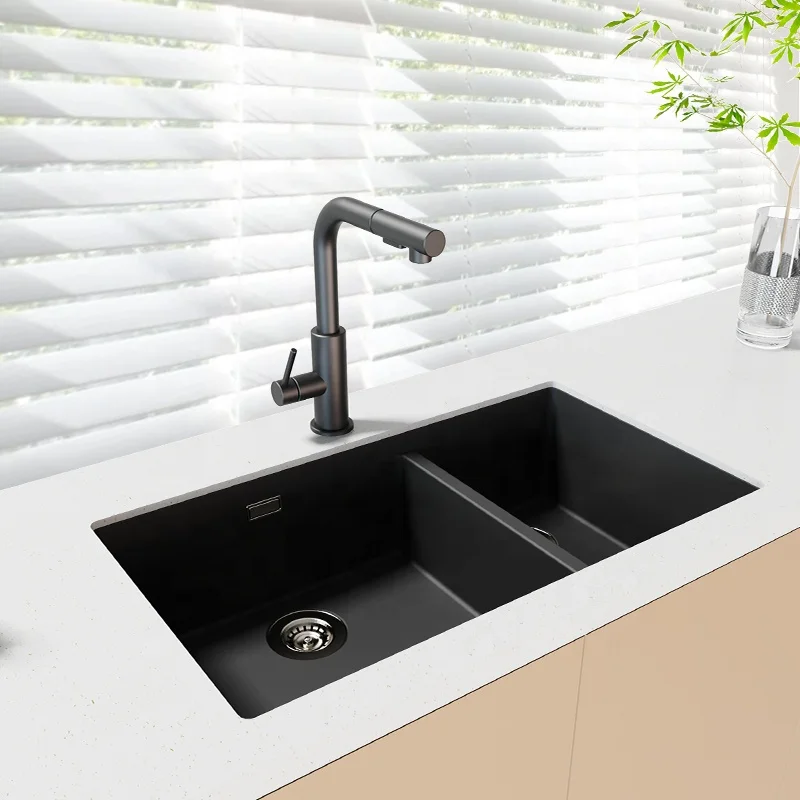 SHKRT (76x46)29' Double Bowl 60/40 Undermount Quartz Kitchen Sink Constructed From Quartz & PMMA with Heat Resistant to +500°F