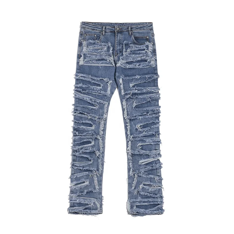 OEM FOG private label blue fashion brand drop shipping stock ripped patch jeans men