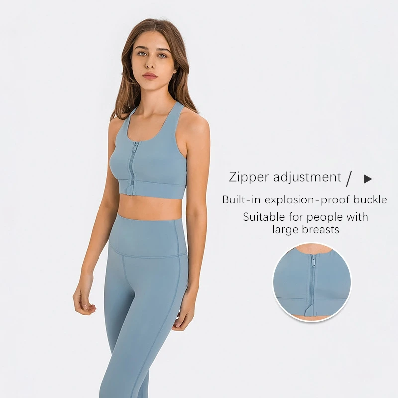 Xsunwing Top Sale Ropa Interior Deportiva Mujer Cross Back U Neck Fixed Chest Pad Front Zipper Magic Sticker Womens Sports Bras