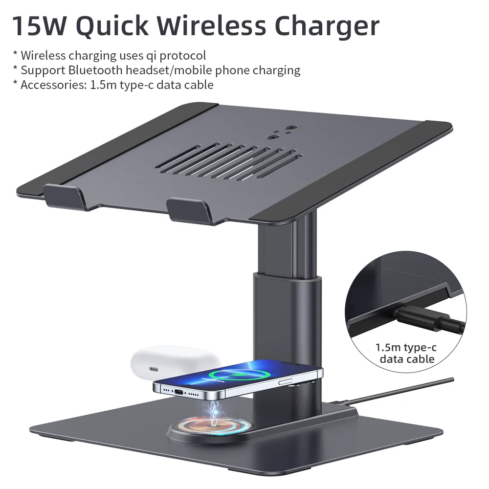 2024 Newest 15W Qi Wireless Charger Aluminum Alloy Height Adjustable Notebook Laptop Stand Holder For Earphone Phone