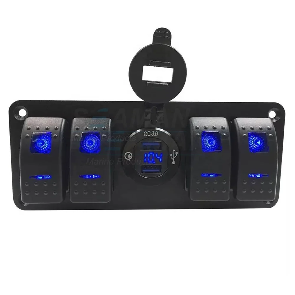 4 Gang Rocker Switch Panel with Voltmeter QC3.0 Dual USB Charger for Car Vehicle Truck Yacht RV