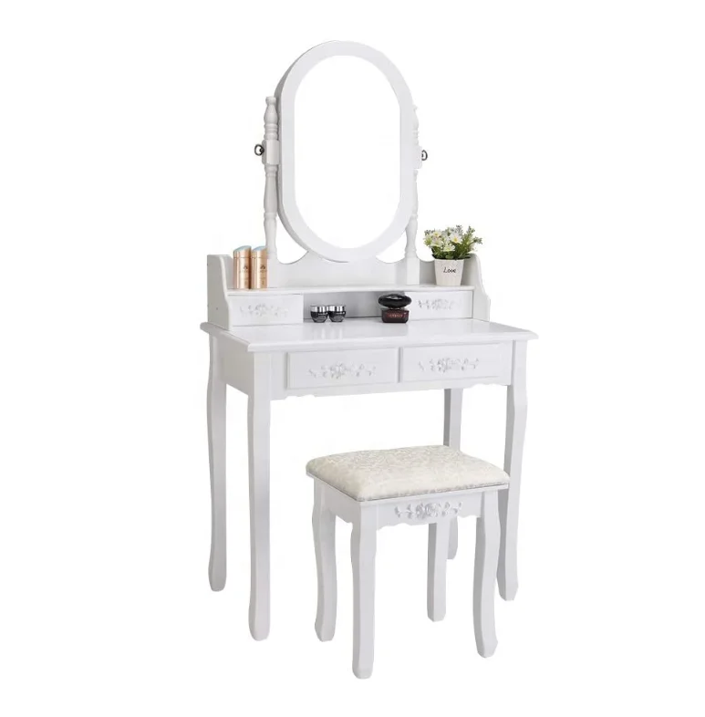 Makeup Dressing Table with Jewelry Organized Cabinet and Cushioned Vanity Stool