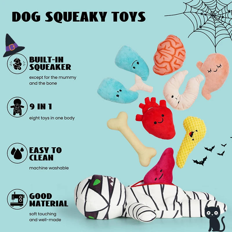 Halloween Mummy Indestructable Dog Toys with Organs Funny Plush Squeaky Dog Chew Toys Interactive Training Hide and Seek Pet toy