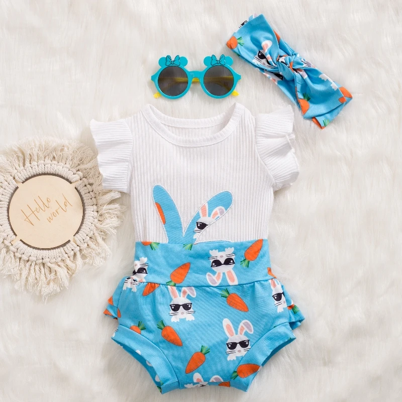 Girls Spring Ester Day Clothes Set New Easter Rabbit Print Harper Infant and Toddler Three Piece Set Romper+Headband+Shorts