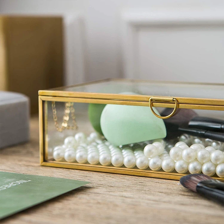 Glass Jewelry Box with Hinged Lid for Women and Girls Suitable for Storage Jewelry, Trinkets Flowers Vintage Brass Frame