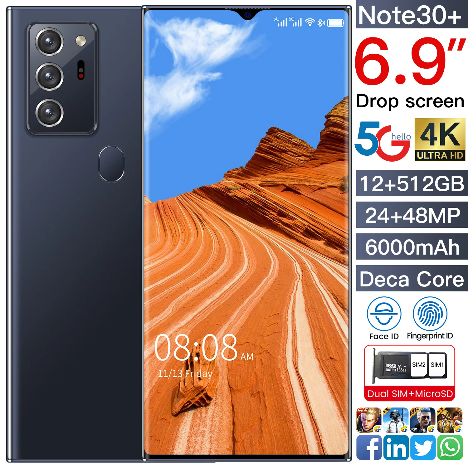 Смартфон с распознаванием лица и двумя Sim-картами MTK6889 двухъядерный сенсорный большой экран Android 10 Мобильный телефон