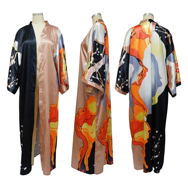 korean women female printed chiffon satin silk tropical beach long cover ups cardigan kimono style ladies women bohemian dresses