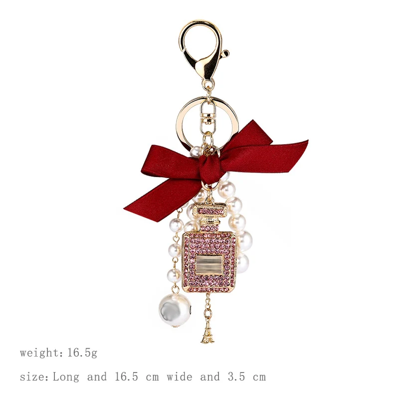 Ins Korean Black Pink Bow Pearl Key Holder Chain Handmade Bowknot Rhinestone Perfume Bottle Keychain For Gift