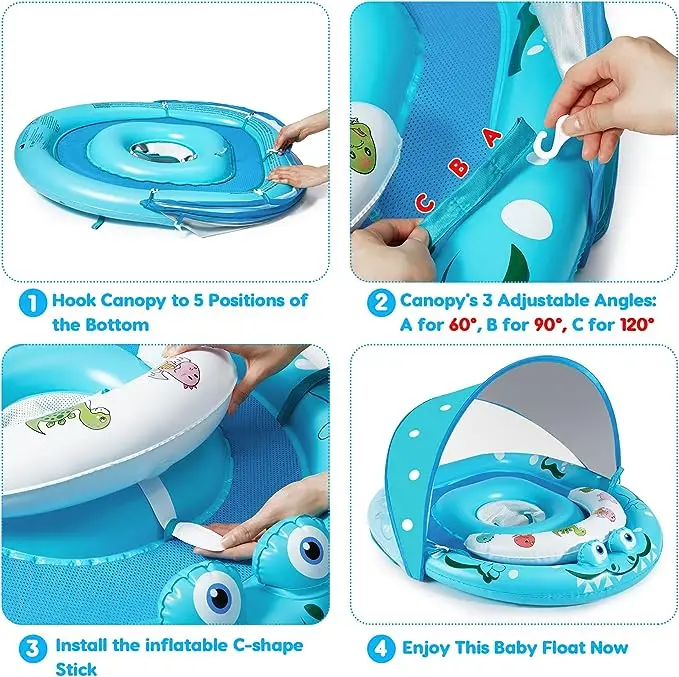Baby pool float with removable sun umbrella canopy for the 6-12-24 months infants durable infant swimming ring adjustable seat U