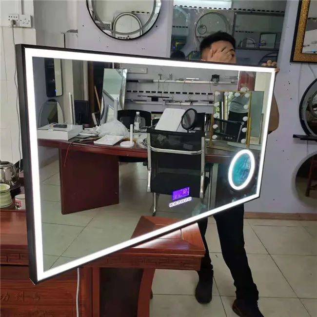 
Mordern black toilet led mirror bathroom with built in speakers and and blue tooth 
